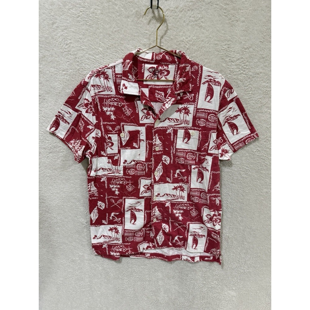 J. Crew Red Hawaiian Button Up Mens Large Short Sleeve Floral Slub Cotton Yarns